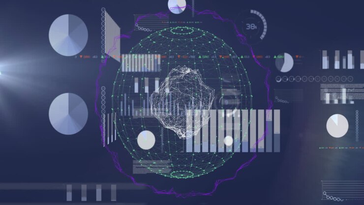 Translucent wireframe 3D sphere being visualized on data dashboard, showing charts and nodes