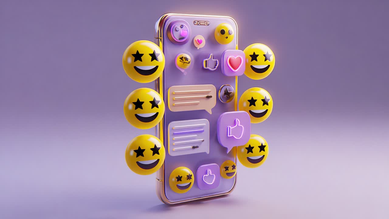 Digitale Interaktionen entdecken: Eine farbenfrohe Darstellung von Emojis und Messaging-Funktionen auf einem Smartphone-Display, die moderne Kommunikation und ausdrucksstarke Symbole zeigt