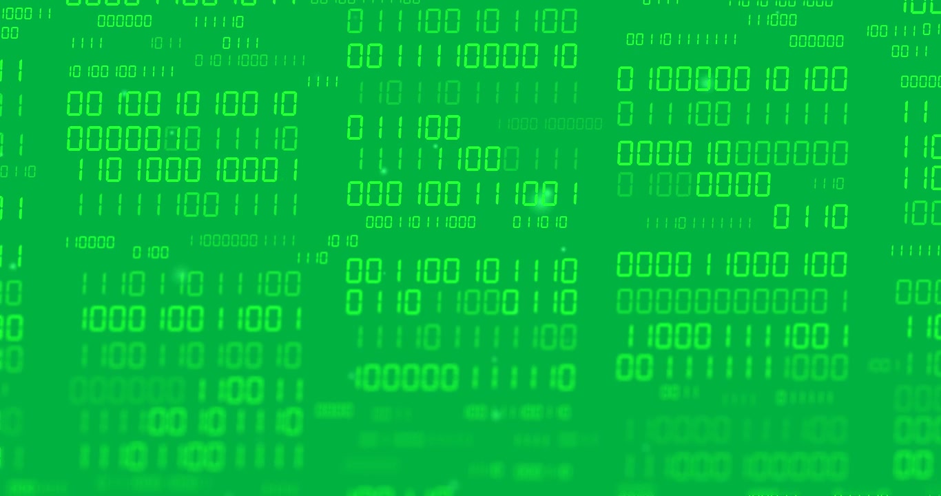Animation of green binary data processing with light spots on transparent background