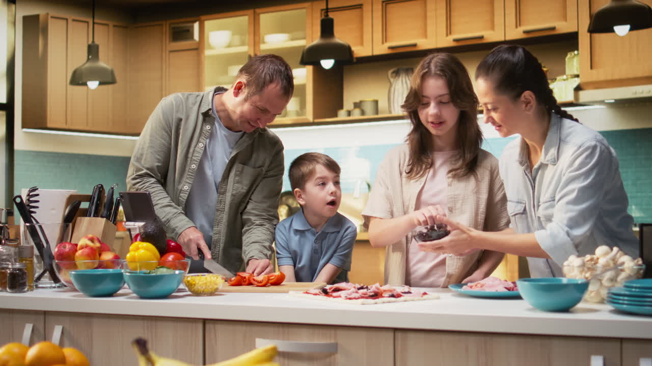 Joyous parents teaching their kids to cook and cut vegetables safely
