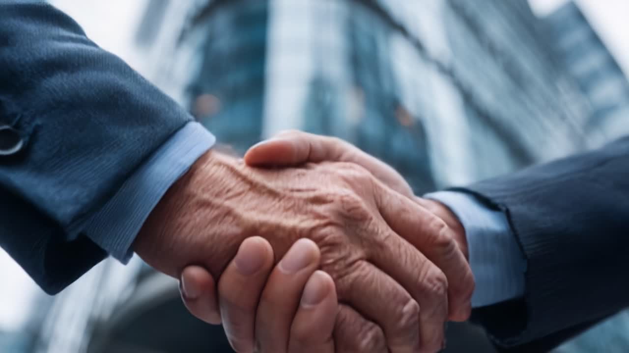 A Close-Up of Two Business Professionals Engaged in a Firm Handshake, Symbolizing Trust, Partnership, and Mutual Agreement in a Dynamic Corporate Environment