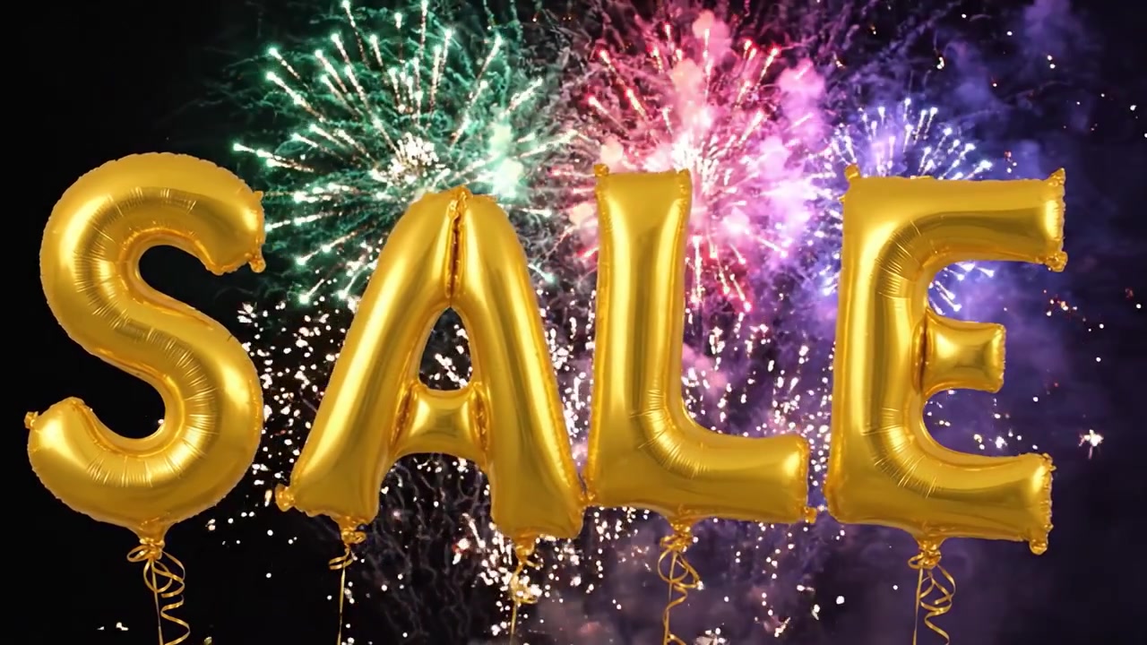 Un'esposizione accattivante di palloncini dorati che formano la parola 'SALDI' su uno sfondo di fuochi d'artificio scintillanti, perfetto per celebrare sconti e promozioni.
