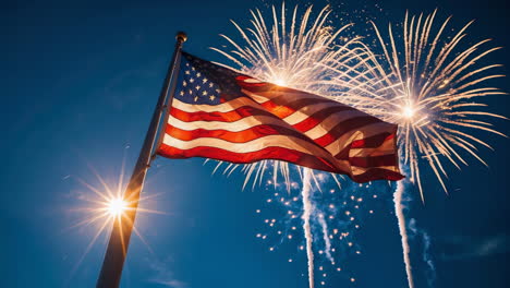 american flag with sun flare and fireworks against blue sky