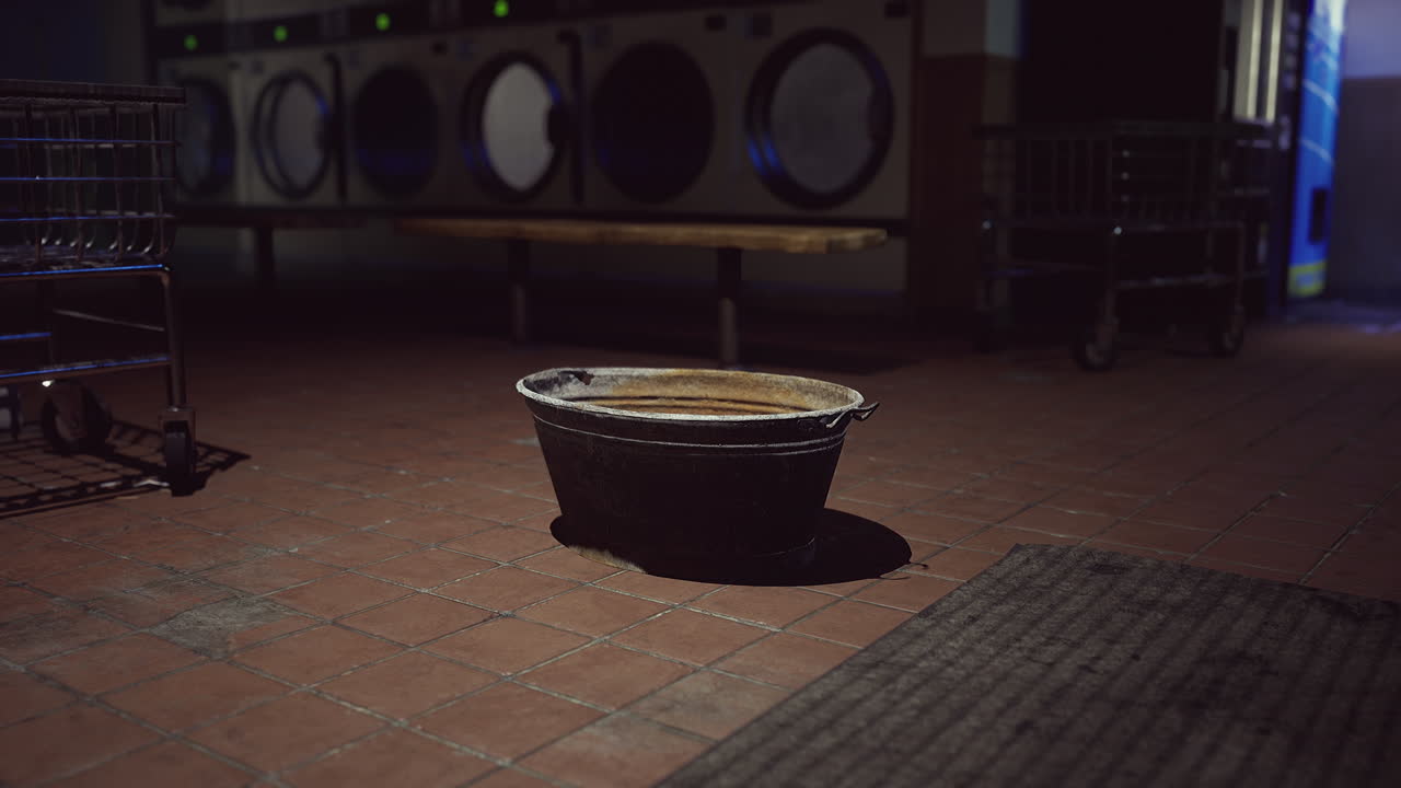 A black bucket sitting on the floor of a room