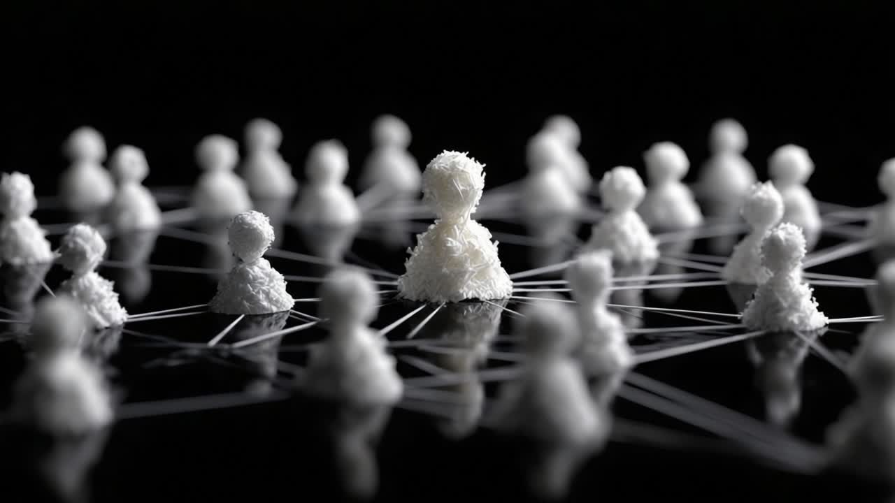 A Creative Representation of Connectivity and Community: A Group of White Figures Connected by Threads Reflecting Social Networks and Interpersonal Relationships