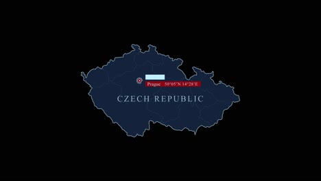 stylized czech republic map with prague capital city and geographic coordinates on black background