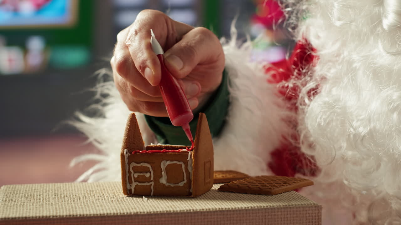 Santa Claus Decorating a Gingerbread House