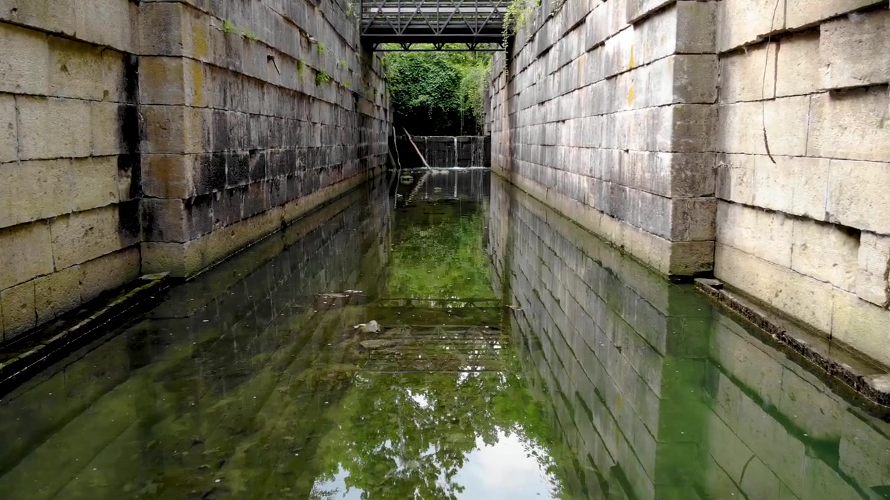 Drone flying through water locks in Toledo, OH.