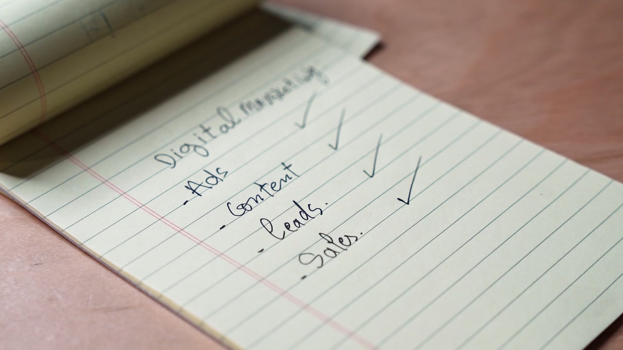 a hand using a black pen to check off a digital marketing checklist on a yellow notepad. The handwritten business strategy covers ads, content, leads, and sales on an indoor wooden desk.
