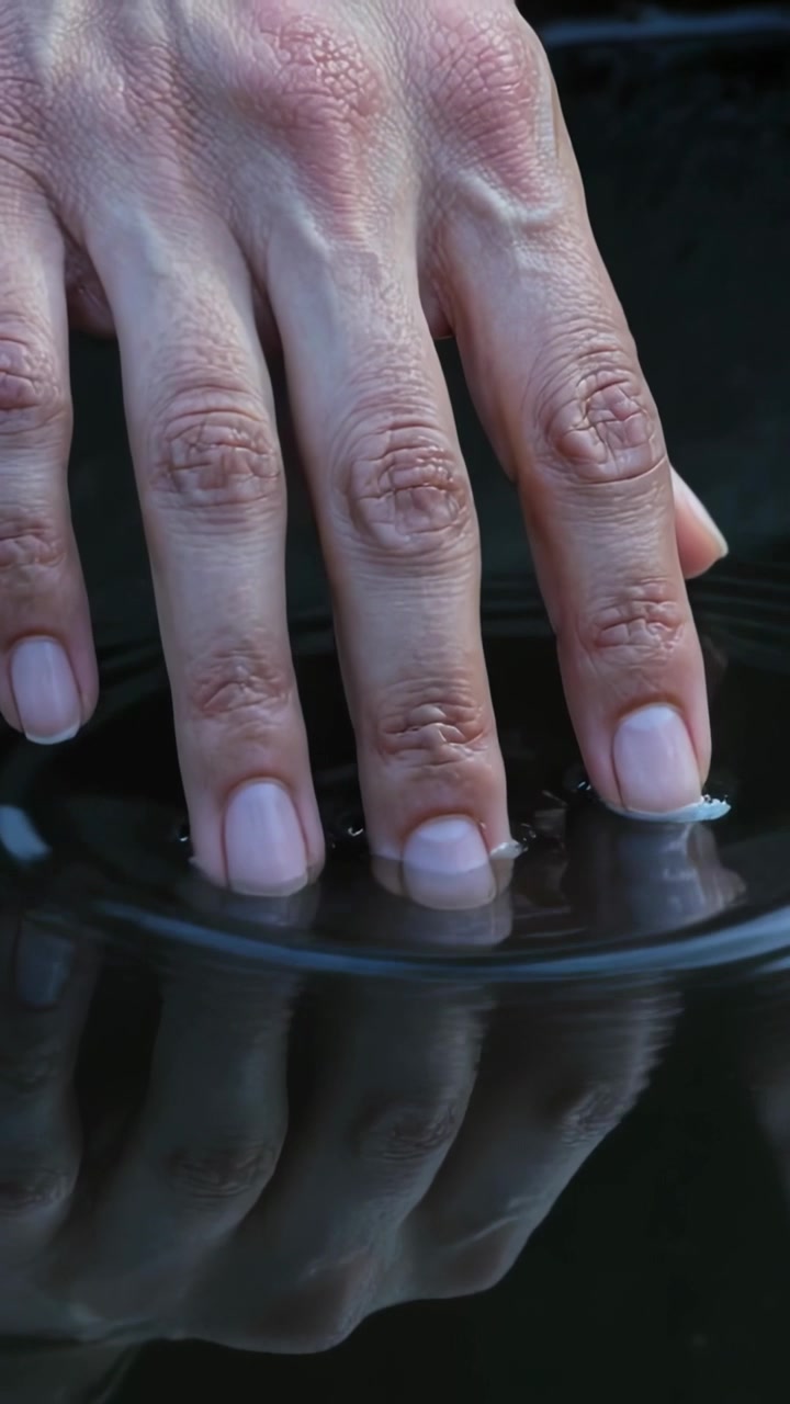 Vertical video: Hovering hand moving tips into dark pool making ripples watching mirror distort