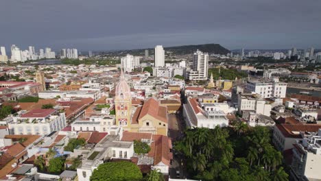 aerial establishing shot of the cathedral of saint catherine of alexandria, cartagena