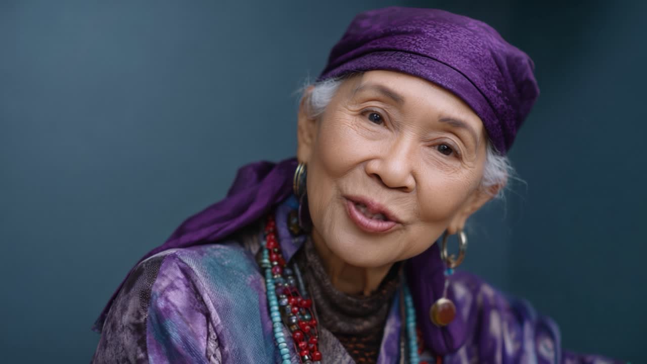 Seorang wanita lansia yang ceria dengan kerudung warna-warni dan aksesori yang cerah membagikan kebijaksanaan dan pengalamannya sambil tersenyum menawan ke kamera.