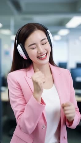A happy asian businesswoman wearing headphones and pink suit, joyfully dancing in an office.