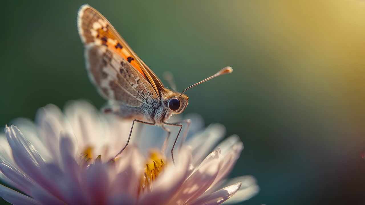 Farfalla arancione-marrone appoggiata su una margherita rosa pallido in giardino mentre si sistema le zampe e si nutre