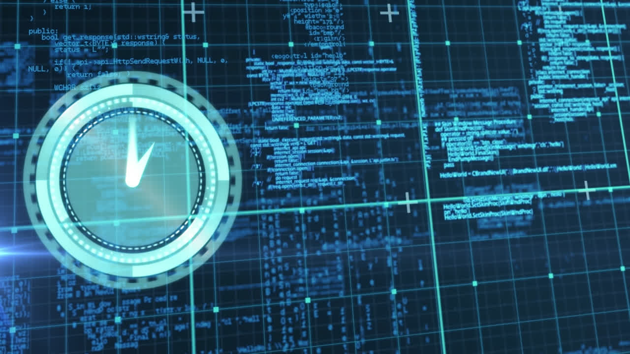 animación de reloj de neón y procesamiento de datos a través de la red de red contra un fondo azul