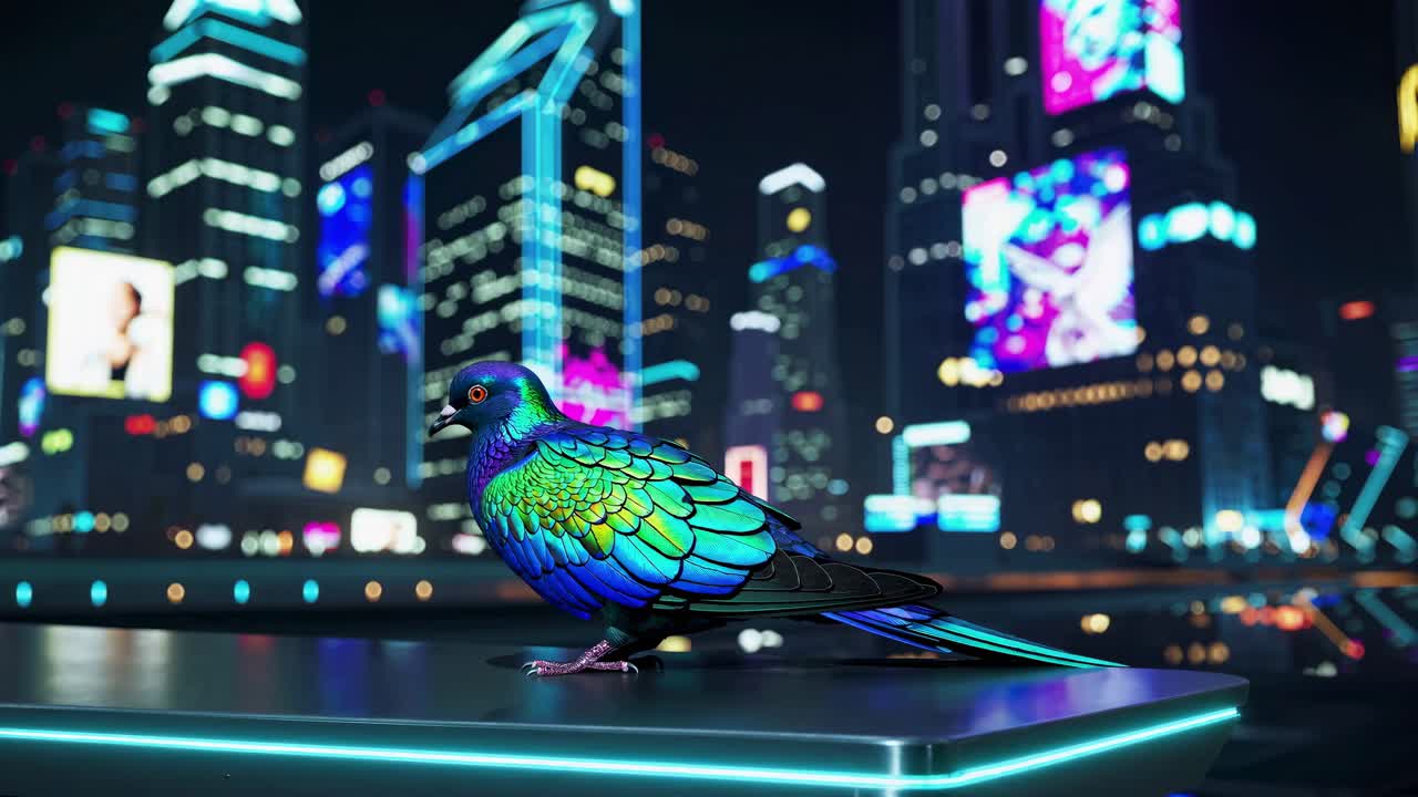 Colorful Pigeon in a Neon Cityscape at Night