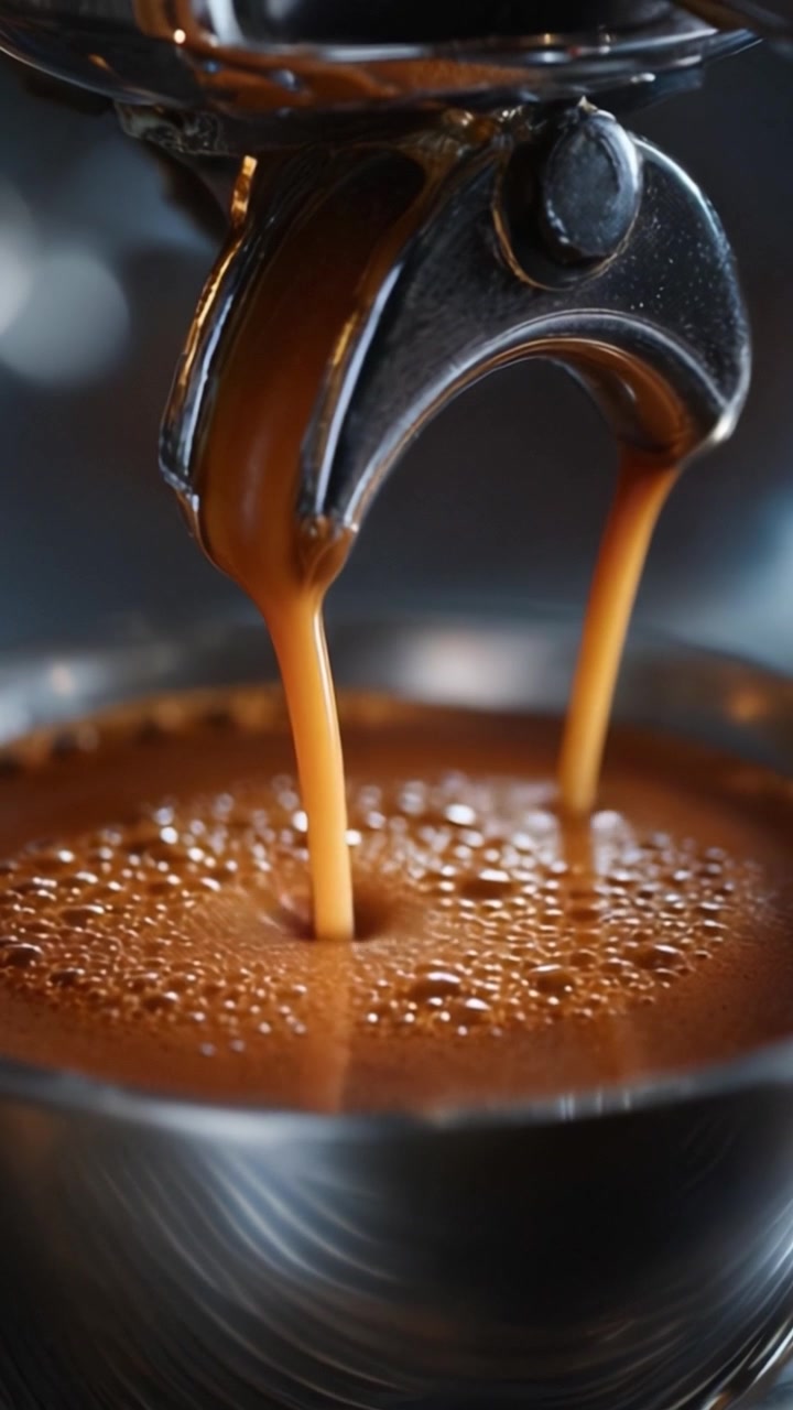 Rig espresso-ekstraktionsproces vist i to dynamiske rammer, der fremhæver hældende kaffe med cremet tekstur og fløjlsblødt skum i et barista-miljø