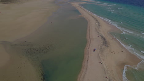 playa de sotavento, fuerteventura: maravillosa vista aérea viajando a la fantástica playa y la gente disfrutando del día