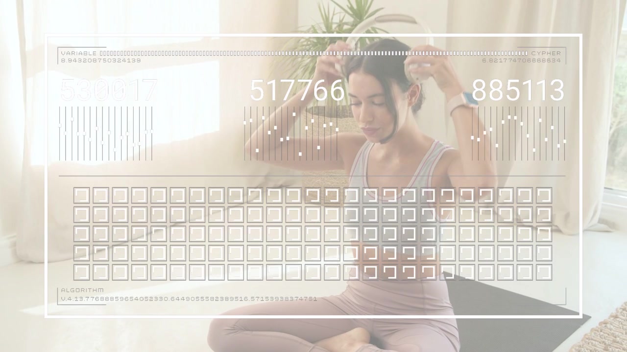 Woman scrolling phone, HUD metrics updating across frame, then putting on headphones for workout