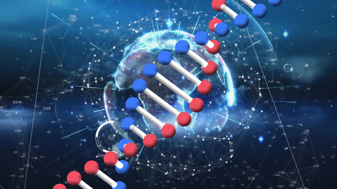 Animation of data processing with dna strand over globe on black background