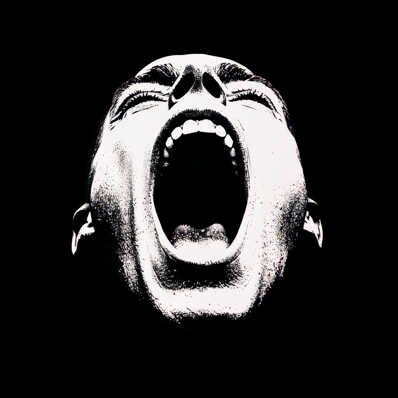 Monochrome screaming face animation isolated asset, transparent 4K video, alpha channel, ProRes 4444