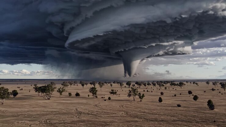 Aerial video captures a dramatic tornado swirling over a barren landscape, showcasing nature's power