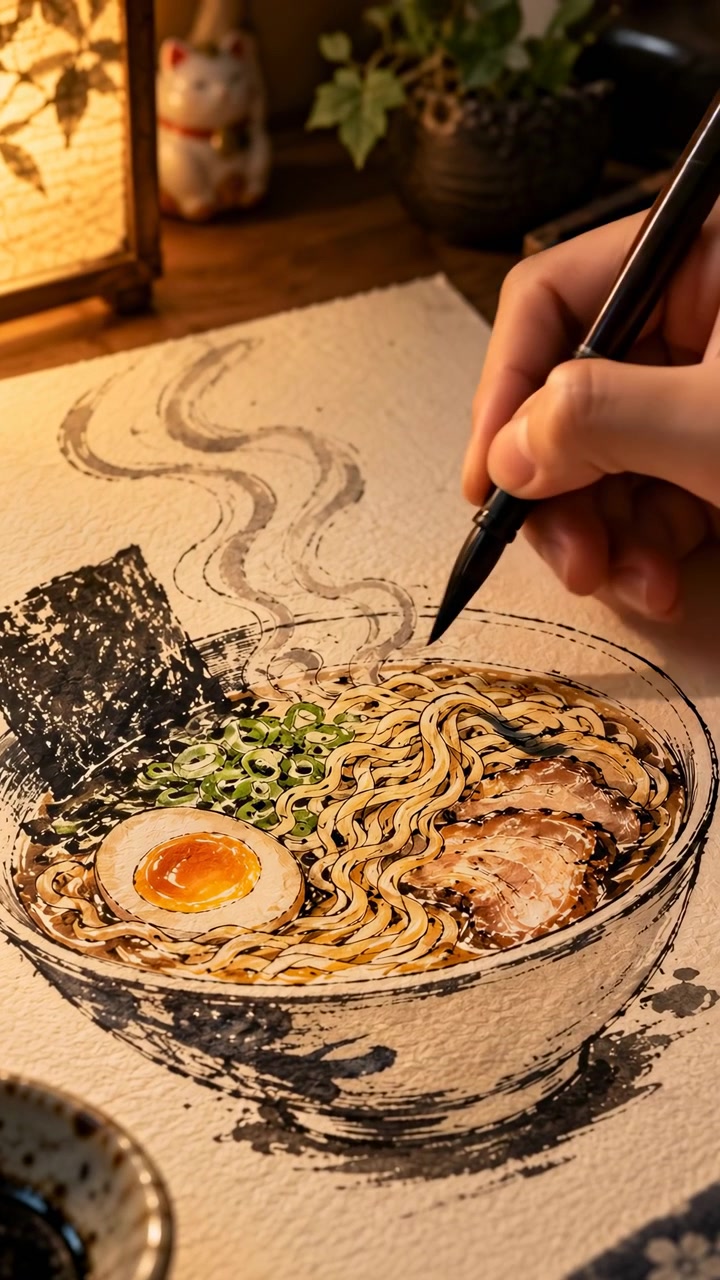 Dettaglio ravvicinato di una mano che aggiunge tratti scuri a noodles e ai bordi della ciotola, mentre un uovo dipinto, carne affettata, cipollotti, alghe e linee curve di vapore rimangono visibili su carta testurizzata illuminata da una luce calda.