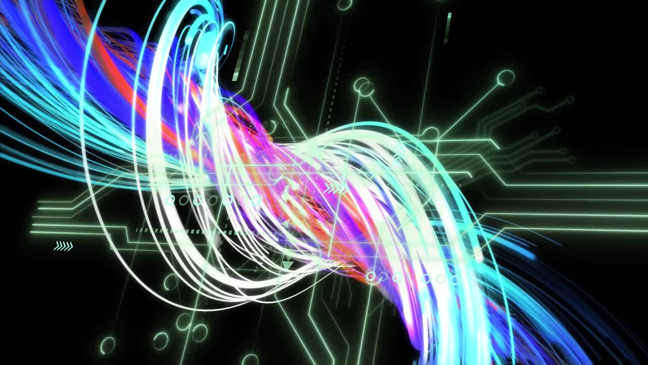 Animation of wavy lights and integrated circuit on black background