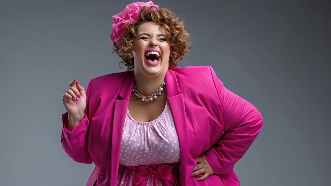 Donna curvy gioiosa in un abito rosa brillante che ride e gira su uno sfondo grigio