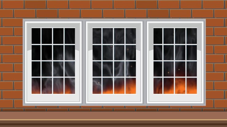 2D animation of orange flames and white smoke rising behind windows of a brick house.