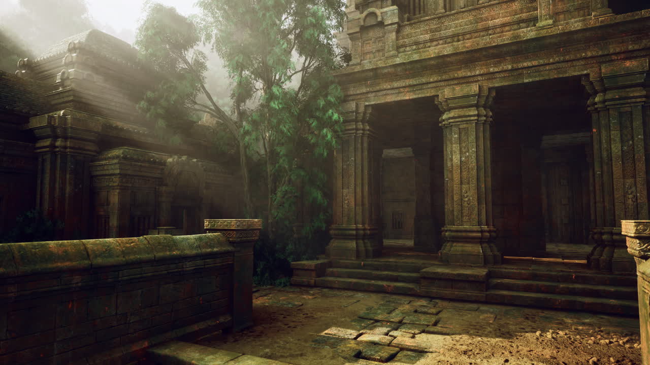 Ruinerne af et ældgammelt tempel omgivet af frodig vegetation ved solopgang