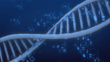 Animation-Medizinischer-Symbole-Mit-DNA-Strang-Auf-Blauem-Hintergrund