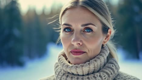 beautiful blonde woman in winter forest