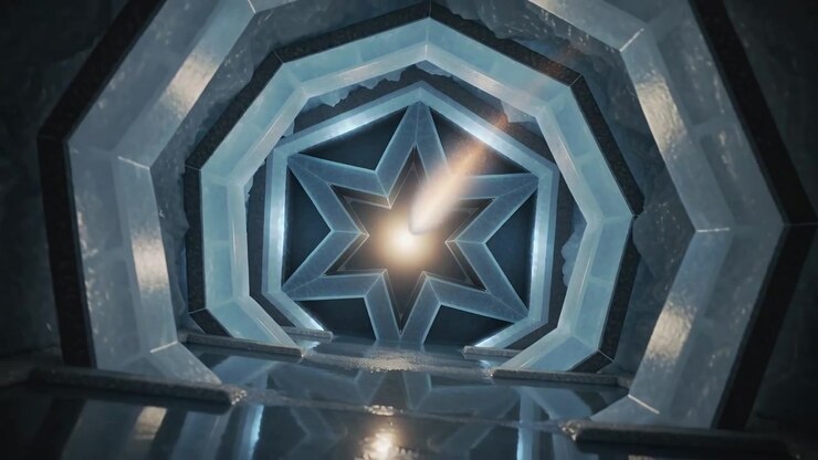 Entering energy streak moving toward star core in octagon tunnel after warm glow