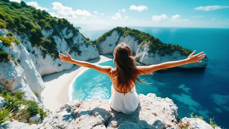 Mujer disfrutando de la vista de una hermosa playa y el océano.