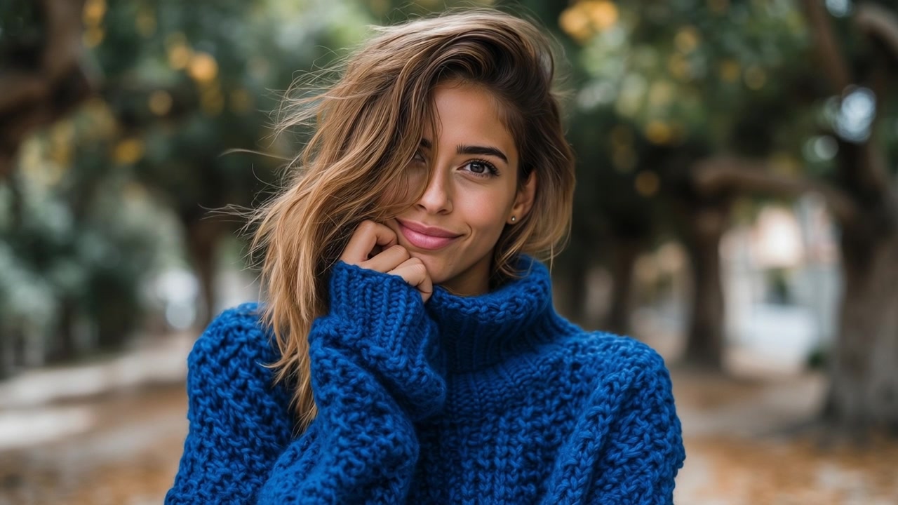 Bella giovane donna che sorride e posa all'aperto con un comodo maglione a collo alto in maglia blu