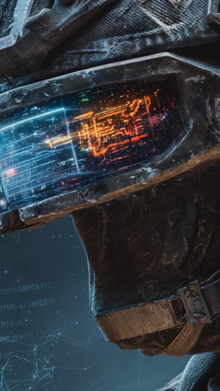 A Detailed Close-Up of a Futuristic Helmet with Visor Displaying High-Tech Graphics in a Sci-Fi Environment