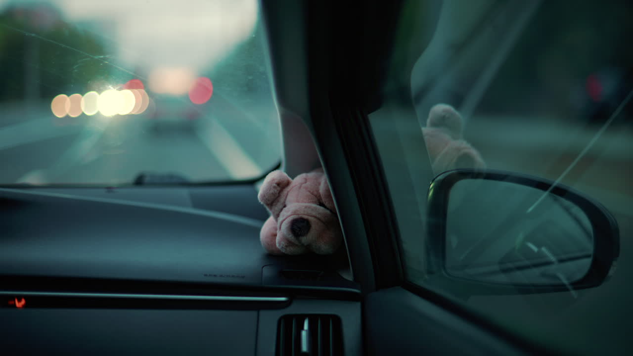 A small stuffed toy rests on a car dashboard as blurred city lights pass by through the windshield