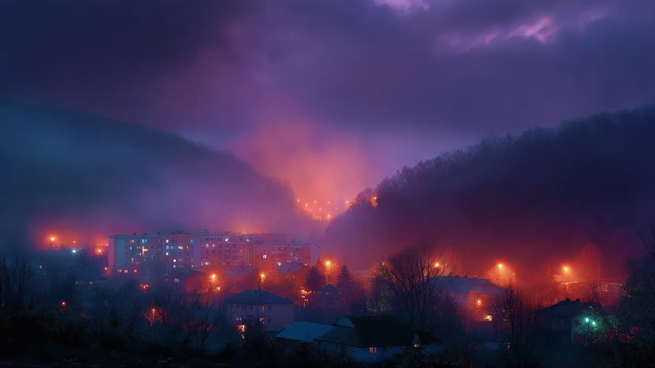 Un paesaggio notturno misterioso: l'enigmatico bagliore delle luci urbane tra la nebbia e l'ombra in un quartiere collinare