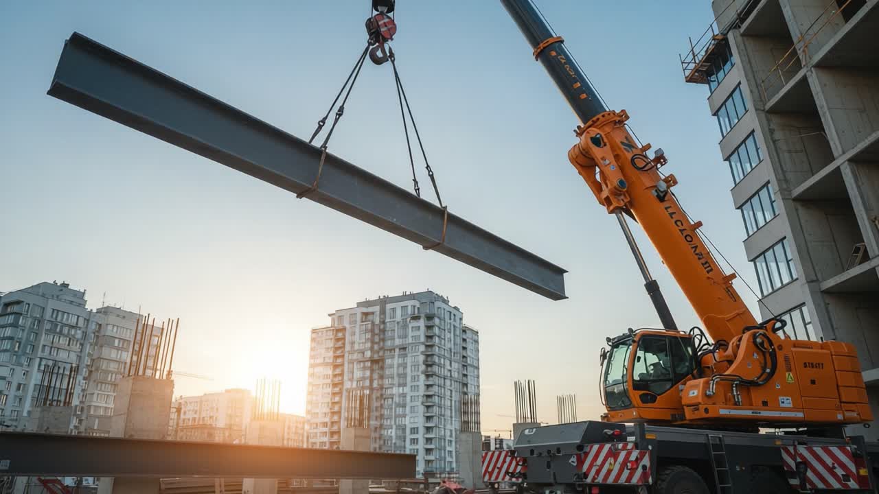 A construction crane hoists a steel beam into position at sunset, showcasing the dynamic operation of heavy machinery in urban development work