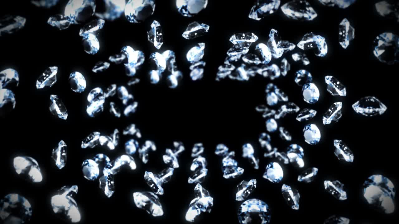 검은 바탕에 많은 보석 다이아몬드를 날아. 투명하고 귀중한 보석을 빛니다. 화려한 다이아먼드의 3d 애니메이션 회전. 루프 애니메이션.