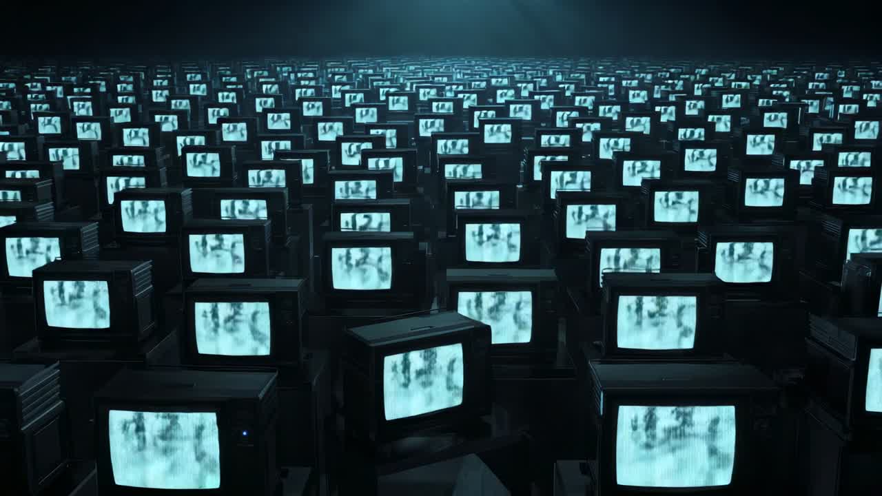 Opening camera shot showing stack of vintage CRT televisions in dim warehouse, showcasing scale