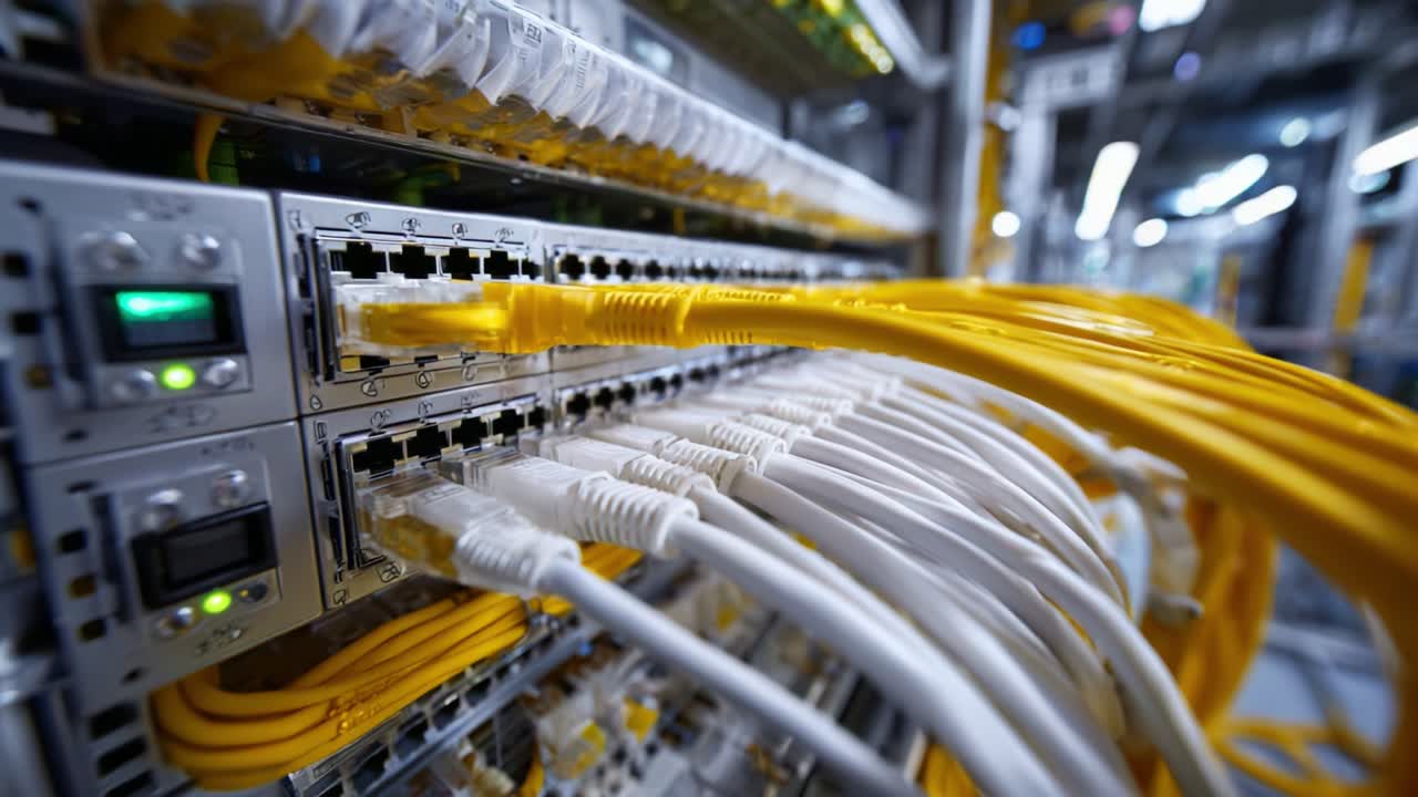 High-Density Network Switch with Fiber and Ethernet Cables for Data Transmission in a Modern Data Center Environment