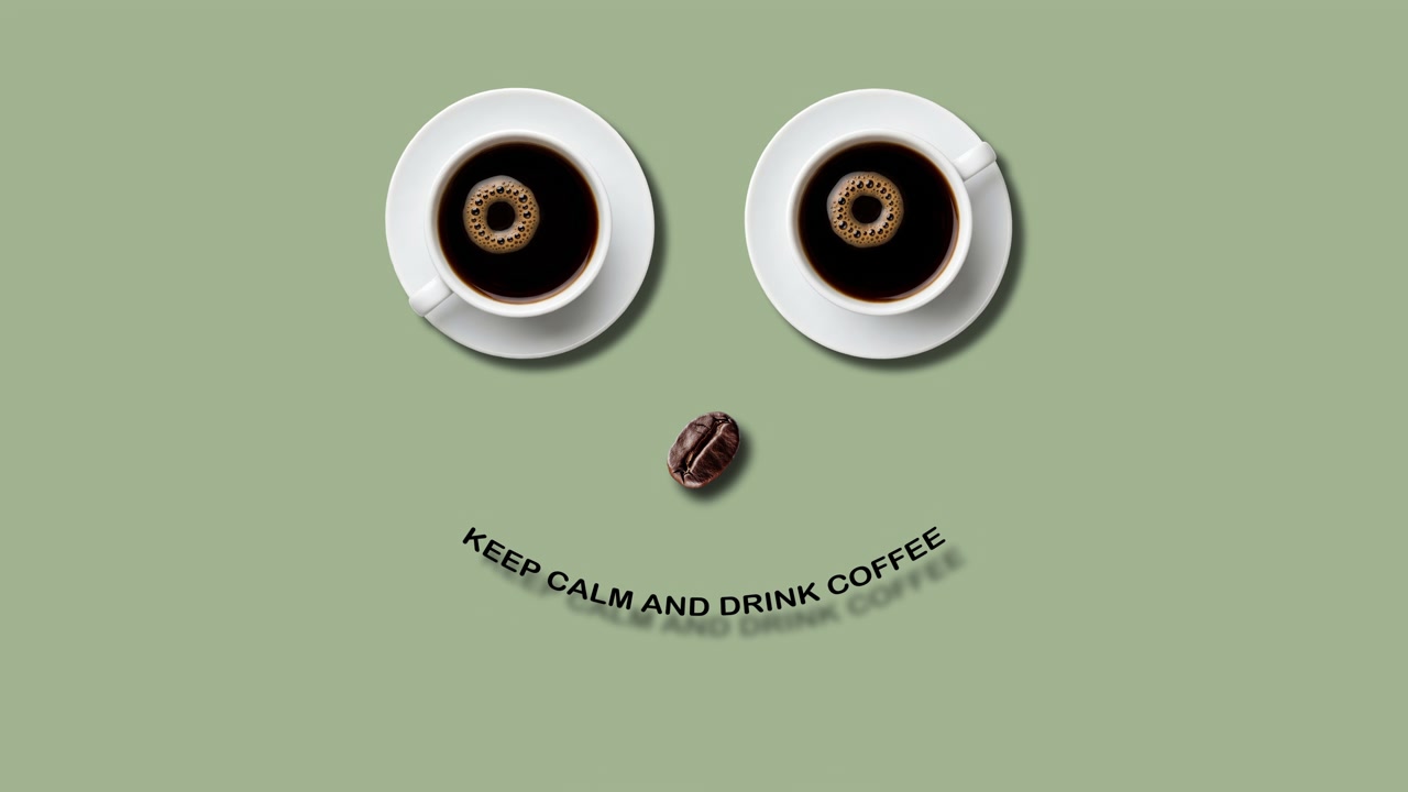 Flat lay de café espresso com laços visuais independentes e citação tranquila em fundo verde-limão cinza-claro.