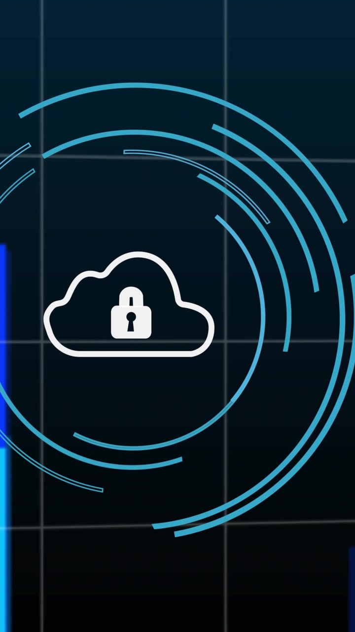 Vertical video: Cloud lock fading in, rings spinning, bars rising, map filling, showing secure data