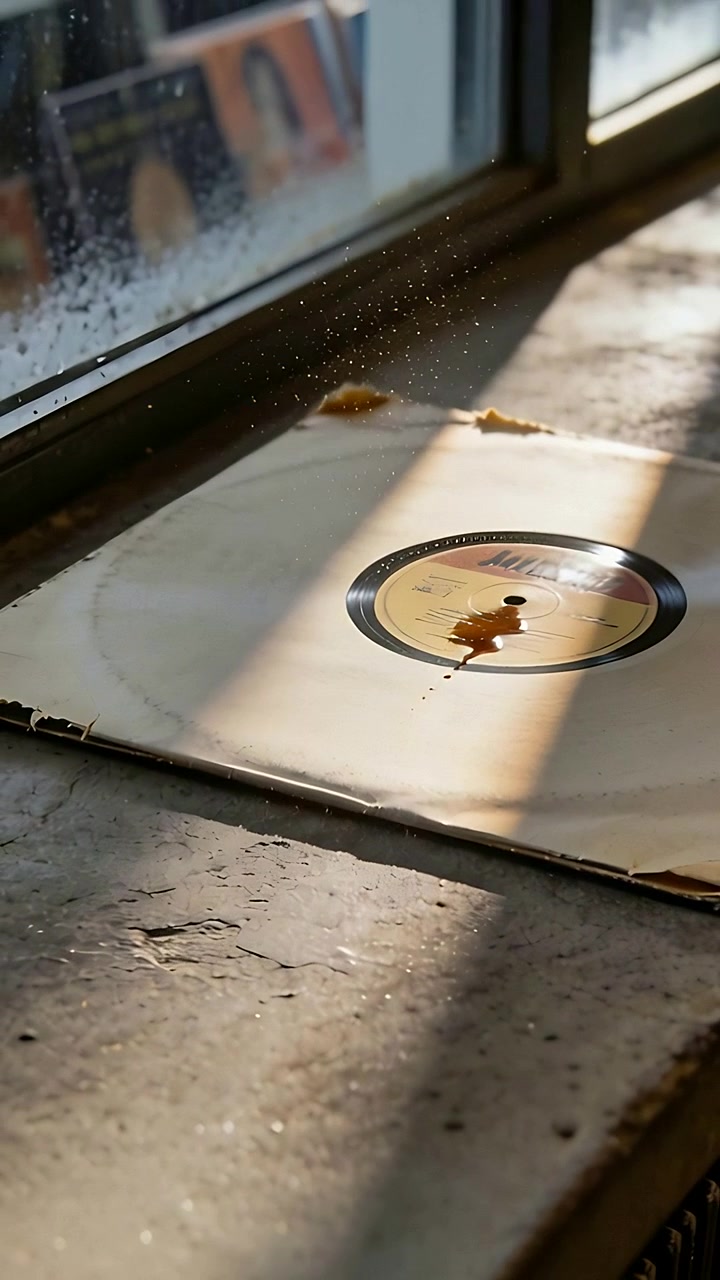 Vertical video: Lighting vinyl record in sleeve on sill, sun beam revealing amber drip and crumbs