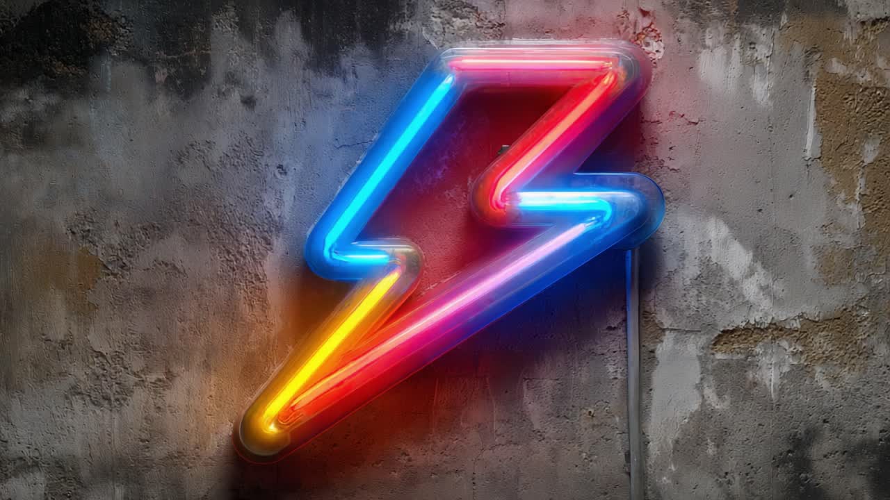 A Captivating Neon Lightning Bolt Sign Displaying a Vibrant Color Palette Against a Textured Wall, Symbolizing Energy and Creativity in Urban Art