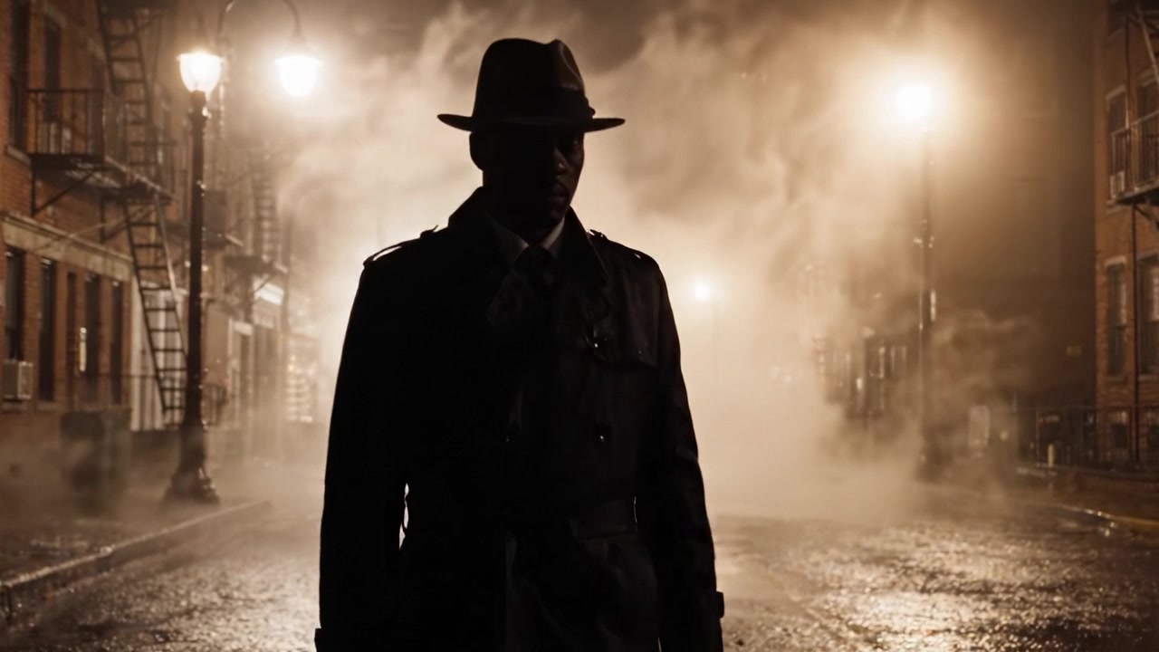 Silhouette misteriosa di un detective in un vicolo urbano nebbioso di notte, creando un'atmosfera di suspense e intrigo.