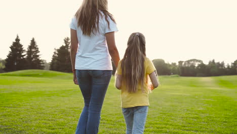 back view of mother and little daughter holding hands and walking on green grass field in the park