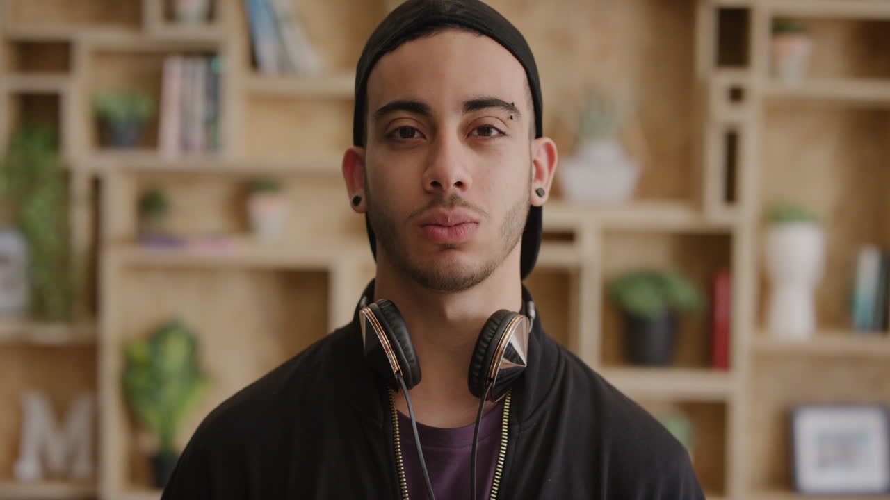 retrato de un joven hispano confiado con aspecto serio, pensativo, estudiante de sexo masculino vestido de moda fresca, movimiento lento